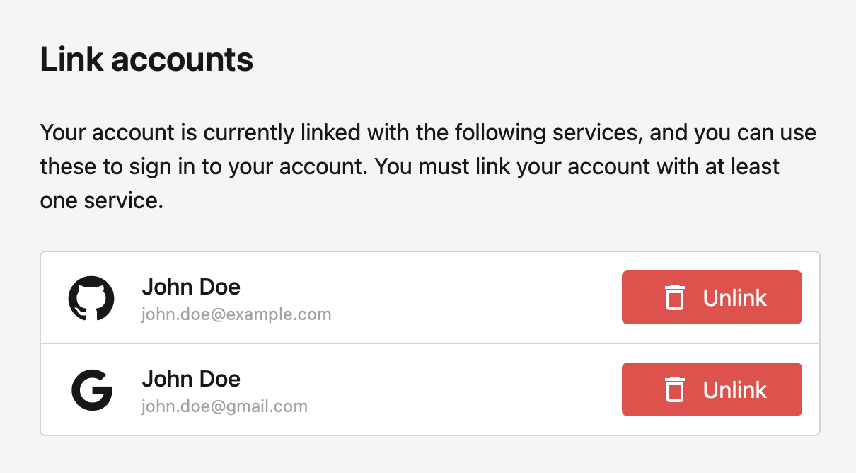 An example list with both Google and GitHub linked